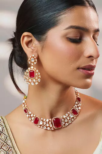Gold plated kundan red stones necklace set