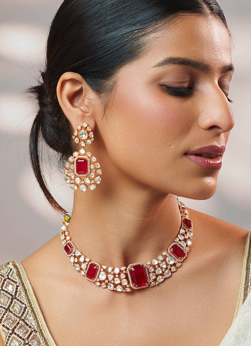 Gold plated kundan red stones necklace set