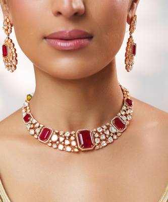Gold plated kundan red stones necklace set 4