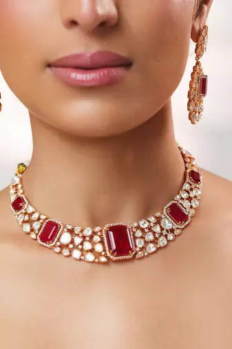 Gold plated kundan red stones necklace set