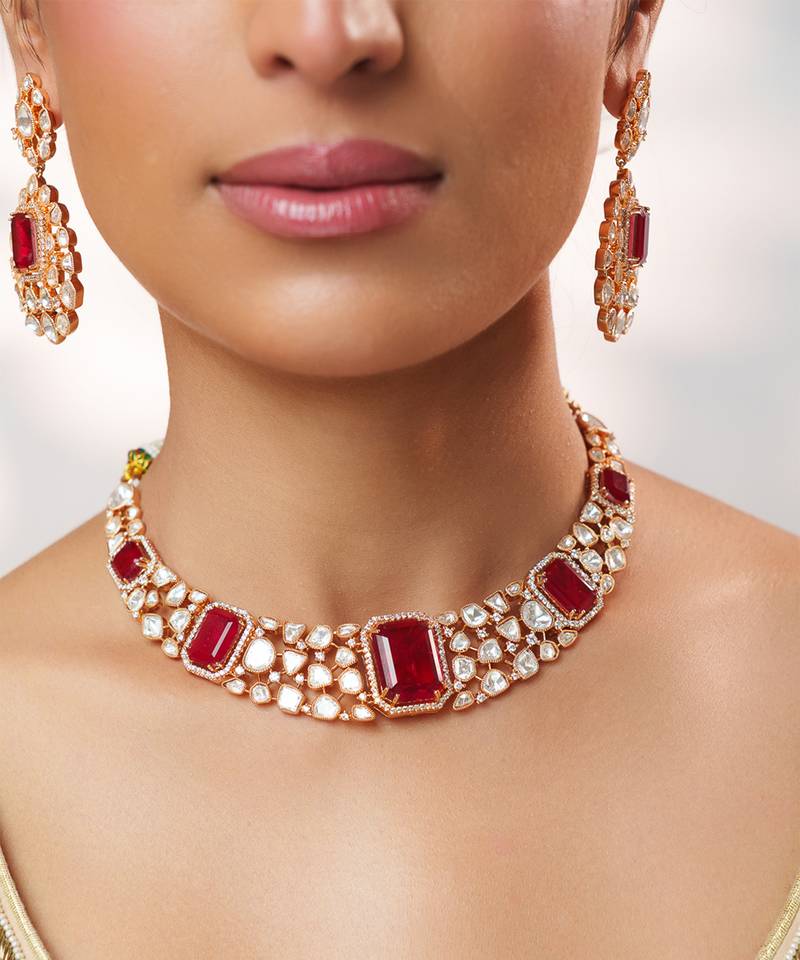 Gold plated kundan red stones necklace set