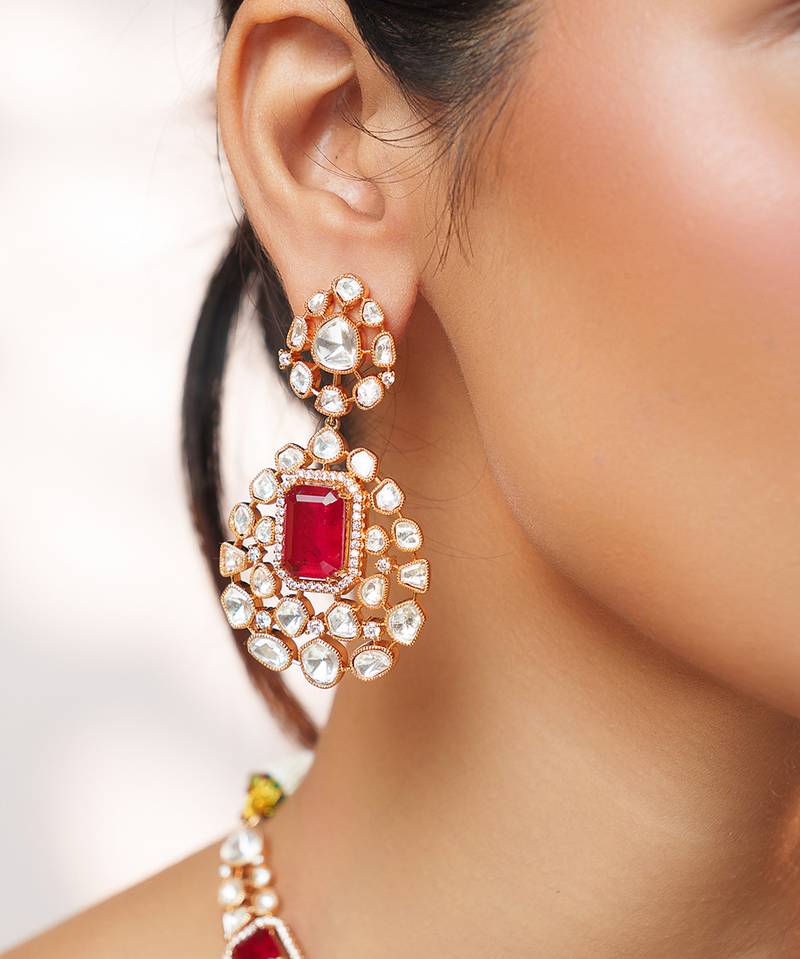 Gold plated kundan red stones necklace set