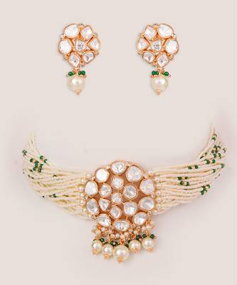 Gold plated kundan pearl choker necklace set 1
