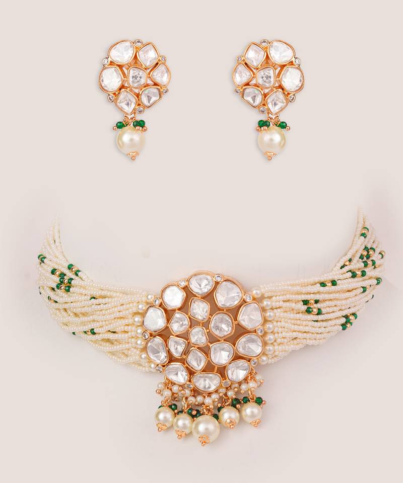 Gold plated kundan pearl choker necklace set