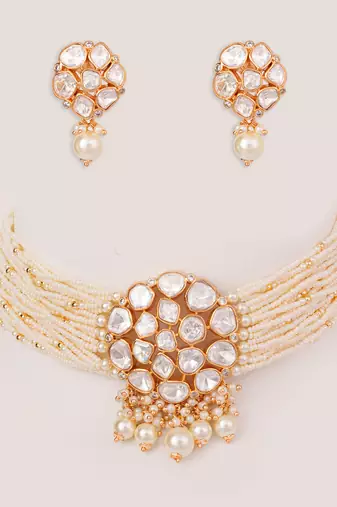 Gold plated kundan pearl choker necklace set