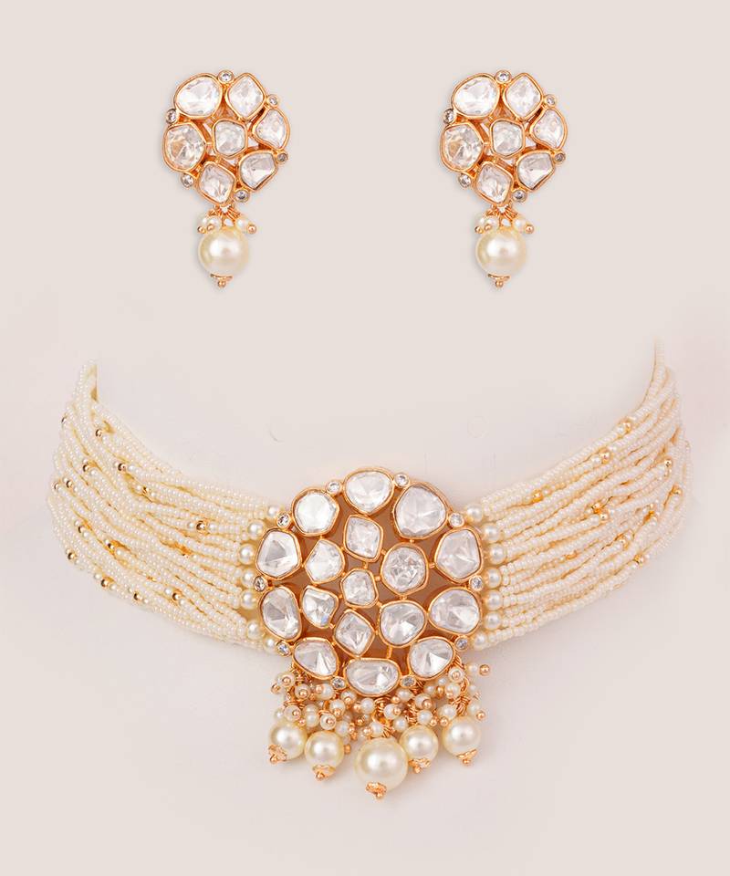 Gold plated kundan pearl choker necklace set