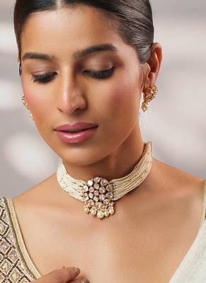 Gold plated kundan pearl choker necklace set 2