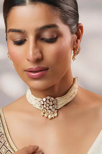 Gold plated kundan pearl choker necklace set