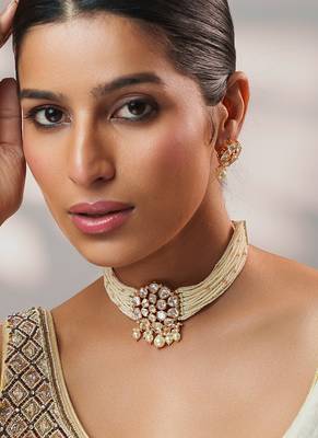 Gold plated kundan pearl choker necklace set 3