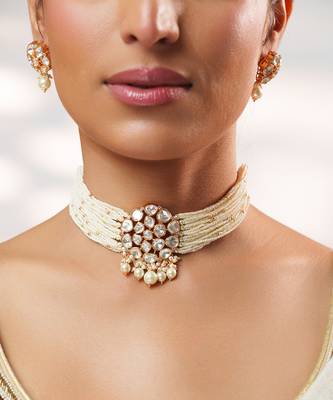 Gold plated kundan pearl choker necklace set 4