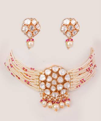 Gold plated kundan pearl choker necklace set 1
