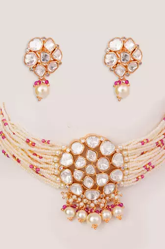 Gold plated kundan pearl choker necklace set