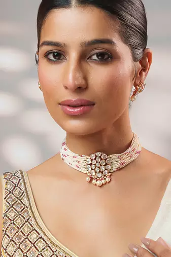 Gold plated kundan pearl choker necklace set