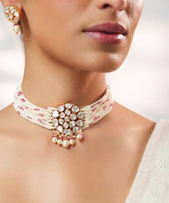 Gold plated kundan pearl choker necklace set 4