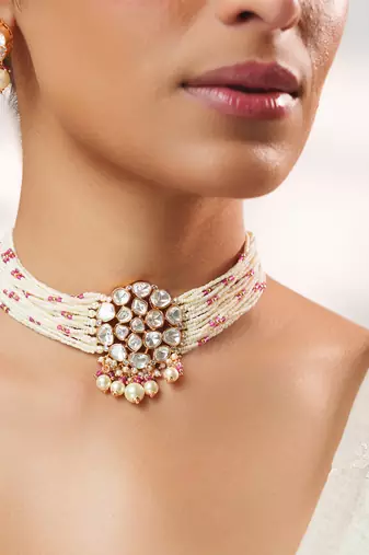 Gold plated kundan pearl choker necklace set