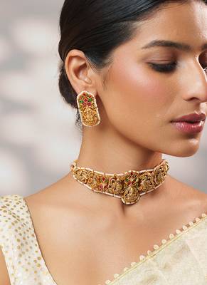 Gold plated temple choker necklace set 3