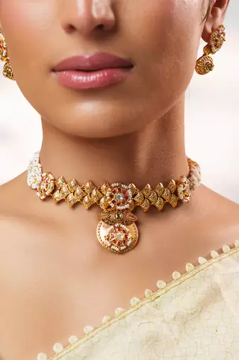 Gold plated temple choker necklace set