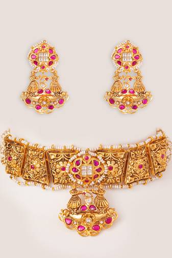 Gold plated kundan Temple choker necklace set