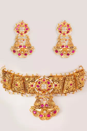 Gold plated kundan Temple choker necklace set