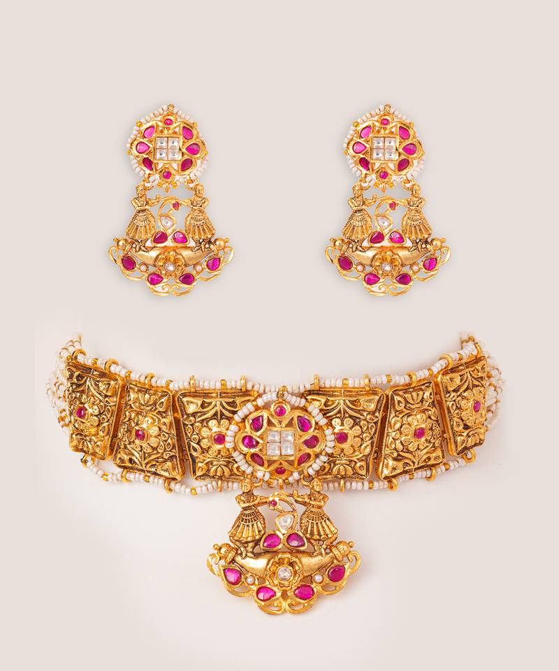 Gold plated kundan Temple choker necklace set