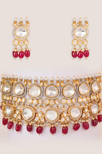 Gold plated kundan red stones choker necklace set