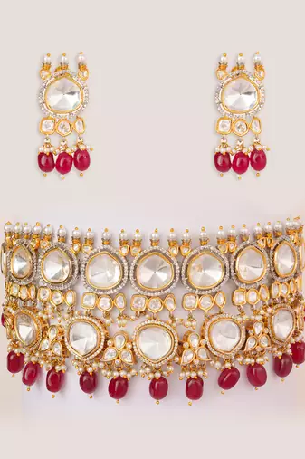 Gold plated kundan red stones choker necklace set