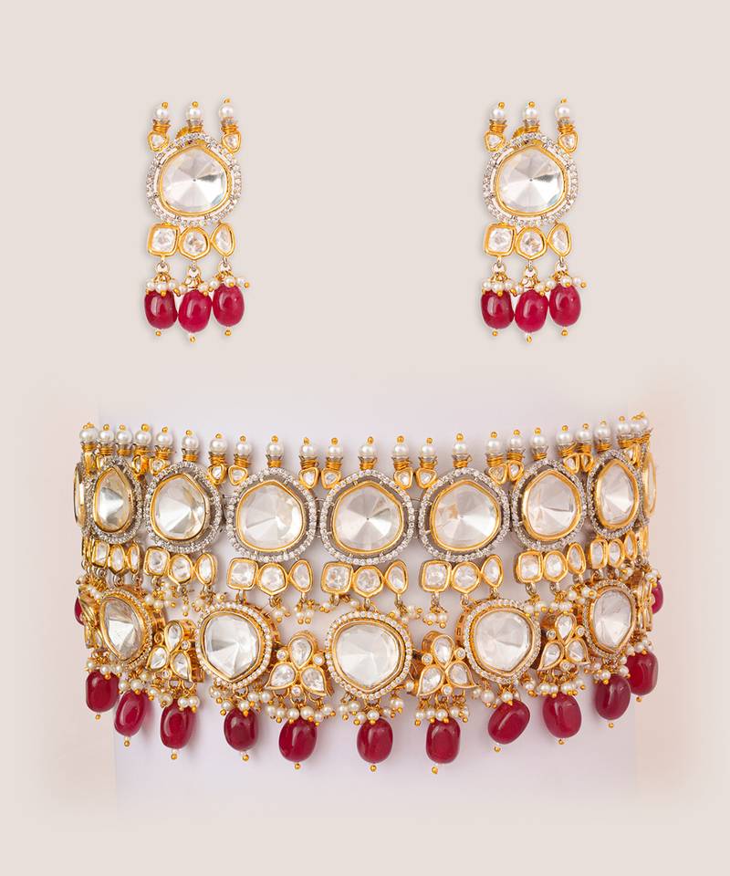 Gold plated kundan red stones choker necklace set
