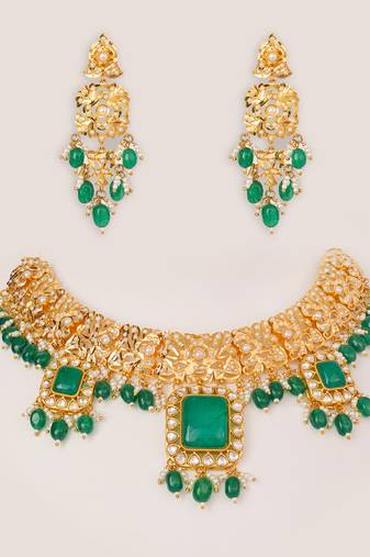 Gold plated kundan green stones necklace set