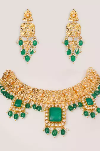 Gold plated kundan green stones necklace set