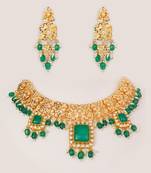 Gold plated kundan green stones necklace set