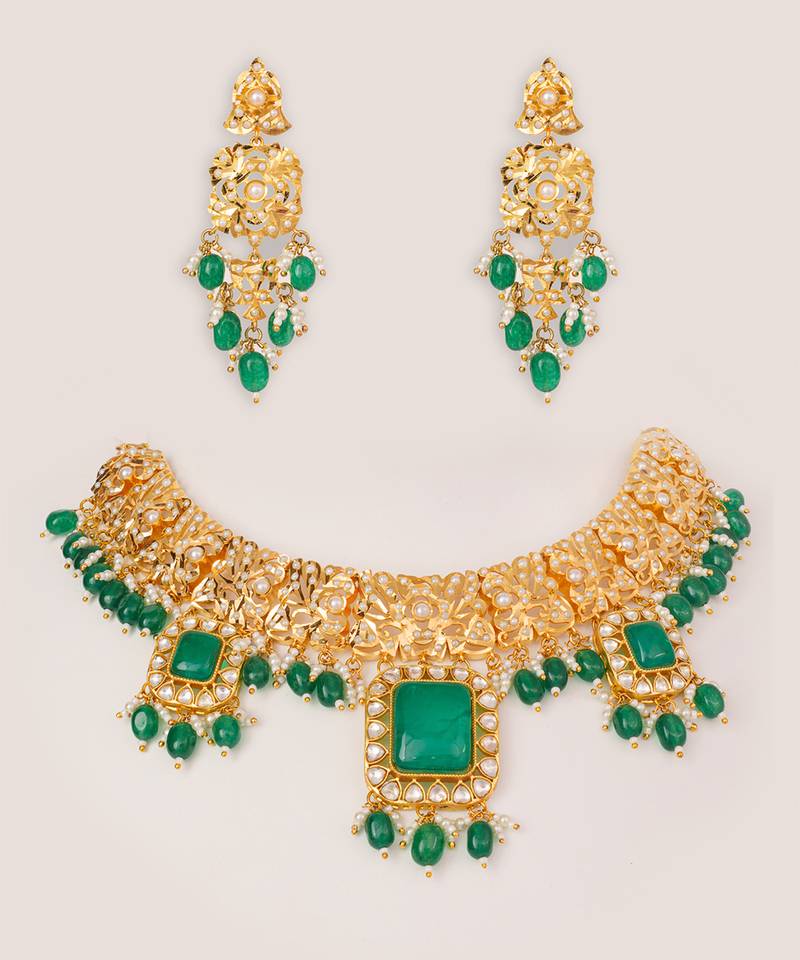 Gold plated kundan green stones necklace set
