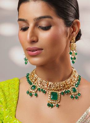 Gold plated kundan green stones necklace set 2