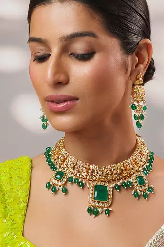Gold plated kundan green stones necklace set