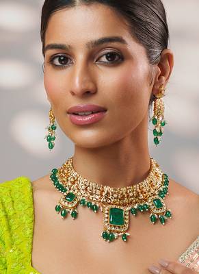 Gold plated kundan green stones necklace set 3