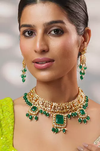 Gold plated kundan green stones necklace set