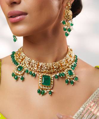 Gold plated kundan green stones necklace set 4