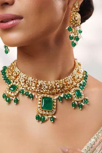 Gold plated kundan green stones necklace set