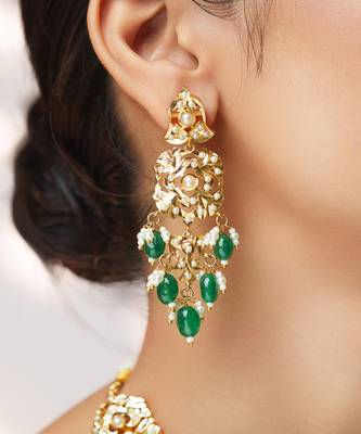 Gold plated kundan green stones necklace set 5