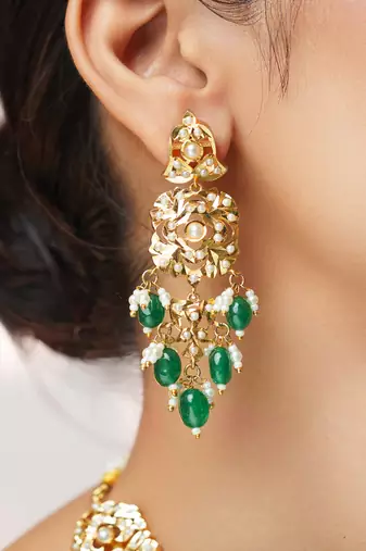 Gold plated kundan green stones necklace set