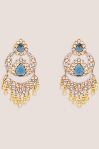 Gold plated kundan blue stones danglers earrings