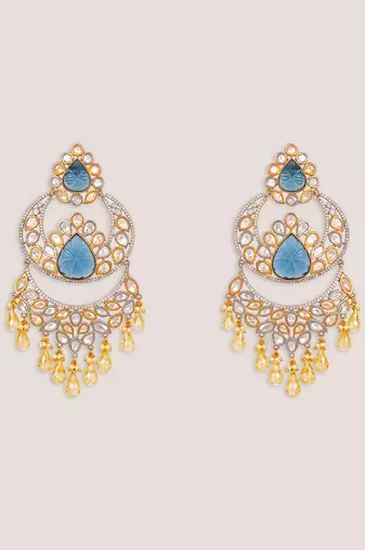 Gold plated kundan blue stones danglers earrings