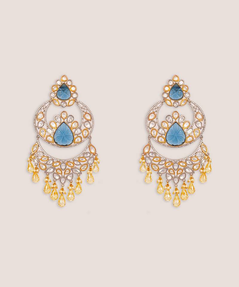 Gold plated kundan blue stones danglers earrings