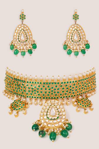 Gold plated kundan green stones choker necklace set