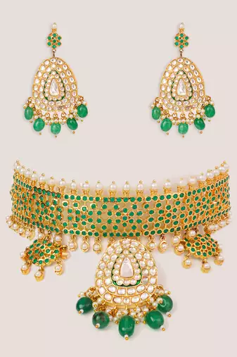 Gold plated kundan green stones choker necklace set