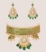 Gold plated kundan green stones choker necklace set