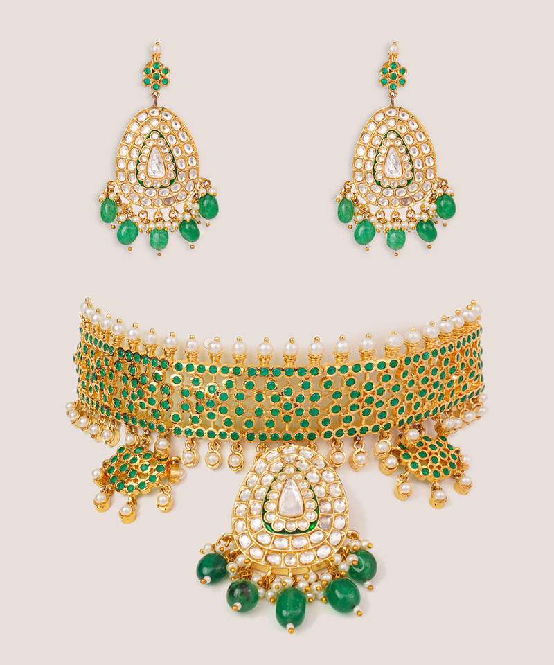 Gold plated kundan green stones choker necklace set