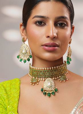 Gold plated kundan green stones choker necklace set 2