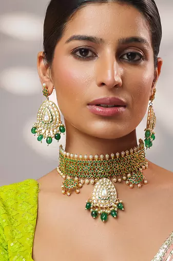 Gold plated kundan green stones choker necklace set
