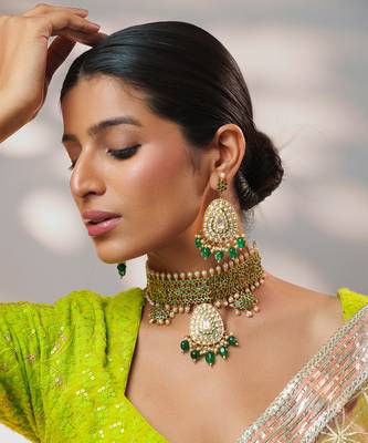 Gold plated kundan green stones choker necklace set 3