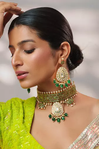Gold plated kundan green stones choker necklace set